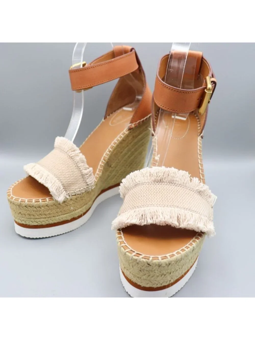 See By Chloé Glyn Frayed Canvas & Leather Espadrille Wedges 39 / US 9